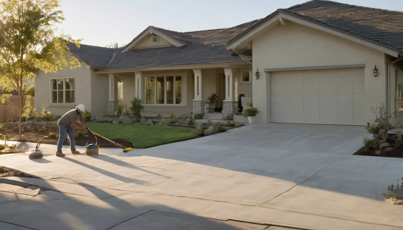 A freshly finished concrete driveway in front of a stucco ranch home in Orange